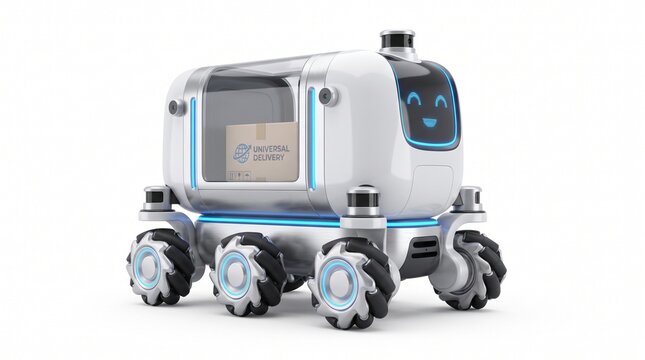 Autonomous delivery robot carrying a cardboard package