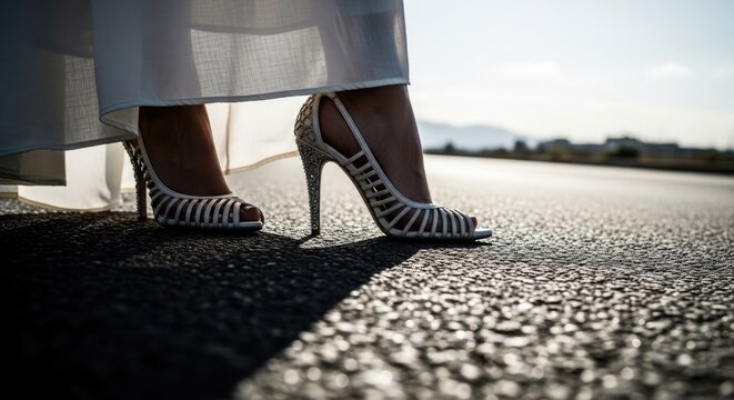 Close-up of a woman wearing elegant black high heels and a flowing skirt standing on textured pavement outdoors, highlighting fashion, sophistication, and modern style.