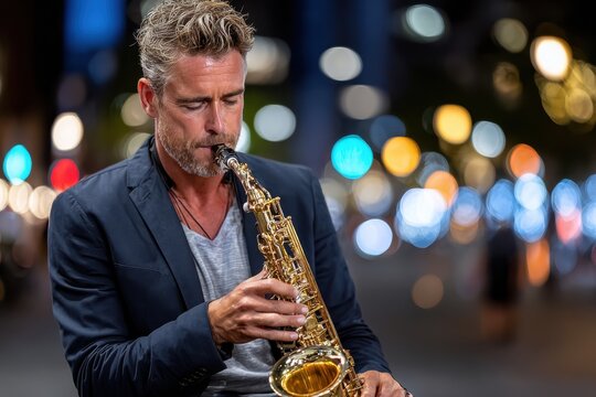 Saxophonist performs jazz music outdoors at night on a city street with vibrant lights