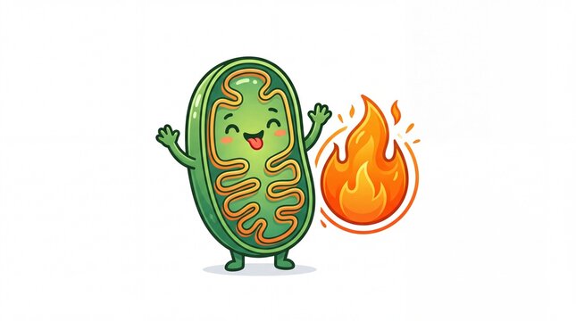 Happy cartoon mitochondrion character showing energy production with bright fire flame isolated on white background