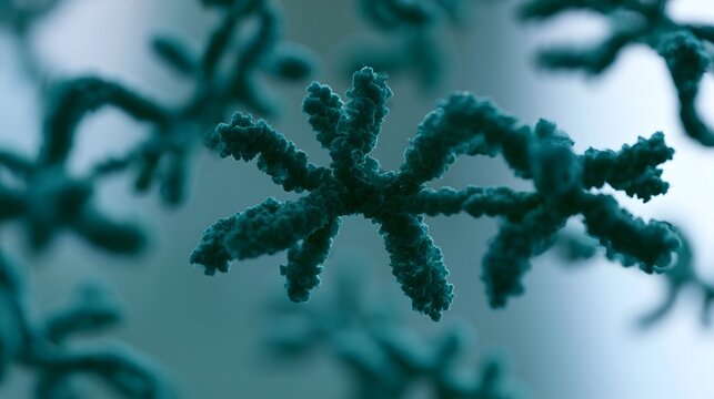 A detailed microscopic view of a snowflake like structure with branching arms and textured surface against a blurred background