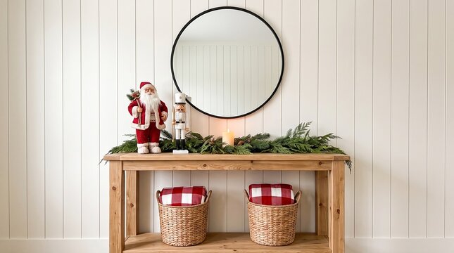 Christmas entryway console table with festive decor, Santa Claus and nutcracker ornaments