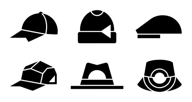 Collection of Six Black Silhouette Headwear Icons: Baseball Cap, Beanie, Flat Cap, Sherlock Holmes Hat, Fedora, Bucket Hat. Vector Graphics for Fashion and Apparel Design.