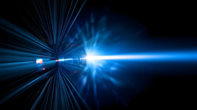 A powerful blue light beam radiates outward from a central point against a dark background with streaks of energy