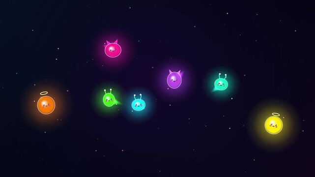 Cute Glowing Kawaii Characters and Colorful Orbs Floating in Dark Space Illustration
