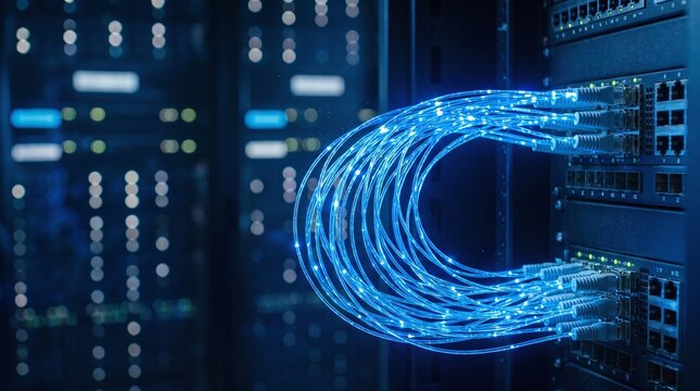 Circular loops of glowing blue fiber optic cables connected to server patch panel in high-tech telecommunication data center, representing fast broadband internet connection and cloud networking