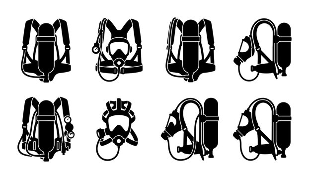Breathing Apparatus Icons, SCBA Set Vector Graphics, Respiratory Protection Equipment Illustrations, Safety Gear Symbols