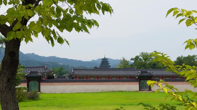 Gyeongbokgung Palace Seoul Traditional Wall Gate and Pagoda Daytime