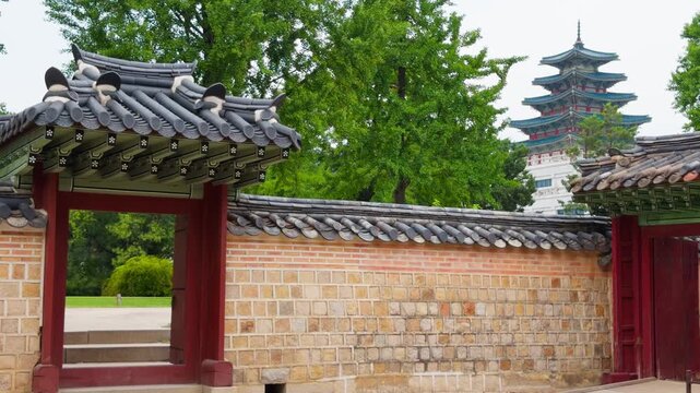 Gyeongbokgung Palace Seoul Gate Wall and Pagoda Wide Scenic Shot