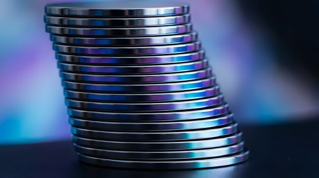 Stack of reflective metallic discs with iridescent light reflections on dark background