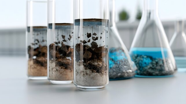 Laboratory glassware containing soil and water samples for environmental analysis in a clean scientific setting
