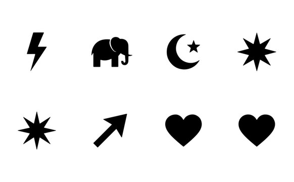 Set of 8 Black Vector Icons: Lightning Bolt, Elephant, Crescent Moon with Star, Starburst, Arrow, and Heart Symbols. Simple Graphic Elements for Web and Print Design.