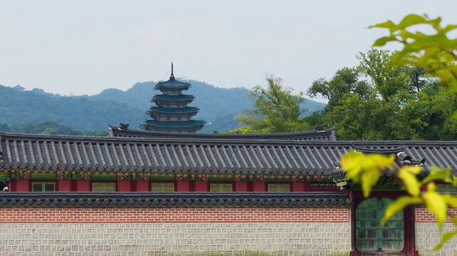 Gyeongbokgung Palace Seoul Traditional Architecture Gate and Pagoda Close View