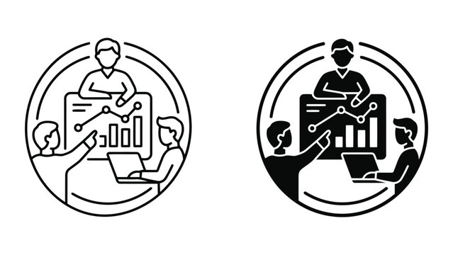 Business team analyzing financial data reports and charts icon set with business