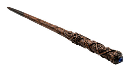 Carved wooden magic wand featuring intricate twisted leaf patterns and a glowing blue gemstone handle set on transparent background © Hosnibee
