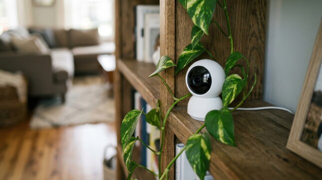 Smart home security camera on a wooden bookshelf in living room