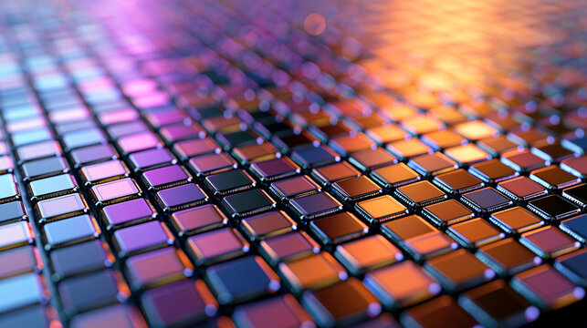 High-resolution close-up of a silicon wafer containing hundreds of integrated circuit dies, semiconductor manufacturing, microchip production, advanced computer hardware,