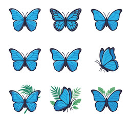 Obraz premium Collection of blue butterflies in various poses and surrounded by foliage