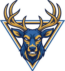 Fototapeta premium Aggressive Stag Head Emblem with Golden Antlers and Blue and Yellow Triangle Background.