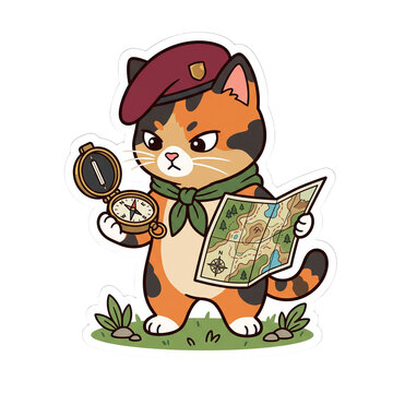 Cute Cat Soldier Using Compass and Map Navigation