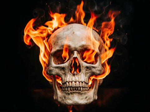 A realistic human skull engulfed in bright orange flames isolated against a solid black background design