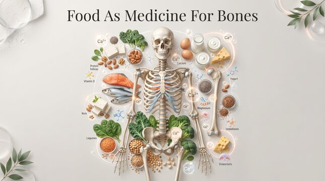 Human skeleton model surrounded by healthy food sources rich in essential vitamins and minerals for bone health