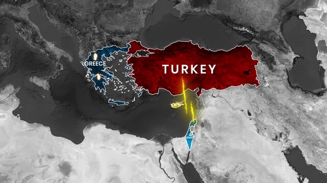 Animated Grayscale Map Zoom Highlighting Regional Dynamics of Turkey, Greece, and Israel