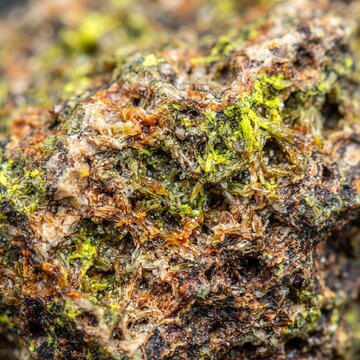 Extreme macro view of a fractured uranium-bearing mineral specimen revealing vivid yellow, green, amber and brown tones, intricate veins, crystal structures and natural geological textures.
