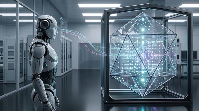 A humanoid robot looking at a glowing geometric digital data crystal in a futuristic laboratory