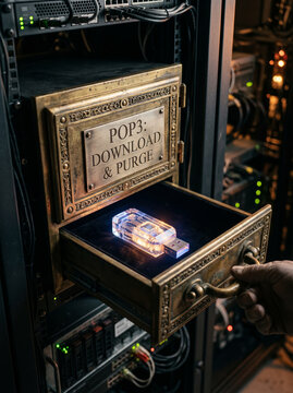 Glowing Antique Server Drawer with Retro Network Protocol Mail Concept