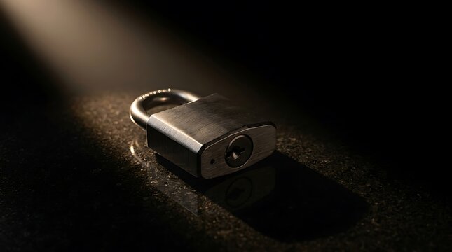 A metal padlock sitting on a dark surface illuminated by a single beam of light in a moody atmosphere