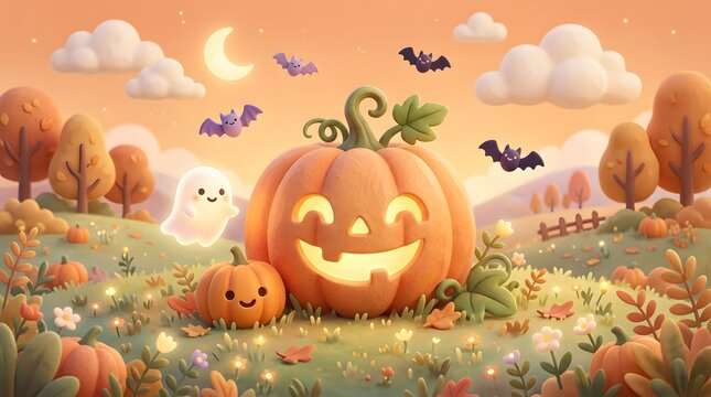 A delightful halloween landscape features a bright glowing jackolantern with colorful autumn leaves and spooky seasonal details