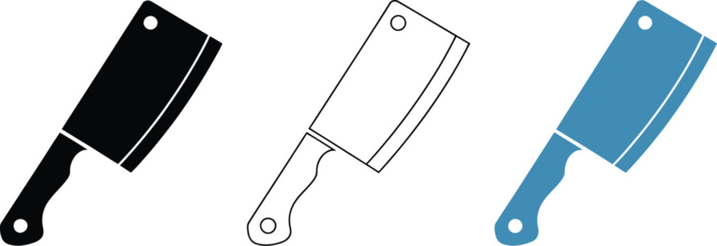 Meat cleaver icons featuring three solid, outline, and blue line art styles for kitchen design, cooking, food preparation, and culinary graphics.