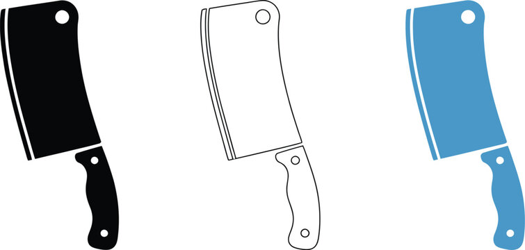 Meat cleaver icons featuring three solid, outline, and blue line art styles for kitchen design, cooking, food preparation, and culinary graphics.