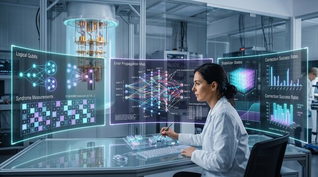 Researcher Analyzing Quantum Error Correction on Triple 3D Displays