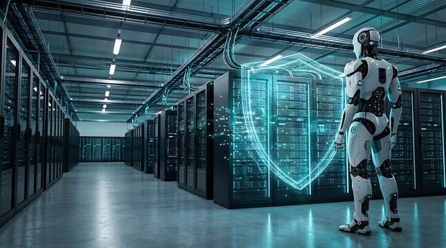 A futuristic robot standing in a modern data center protecting digital server racks with a glowing blue shield