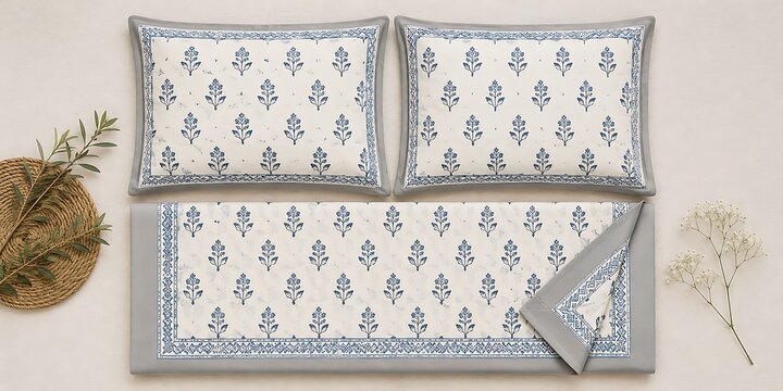 Block print bedding set with floral pattern, traditional Indian cotton linens, blue and white decorative pillows and bed runner
