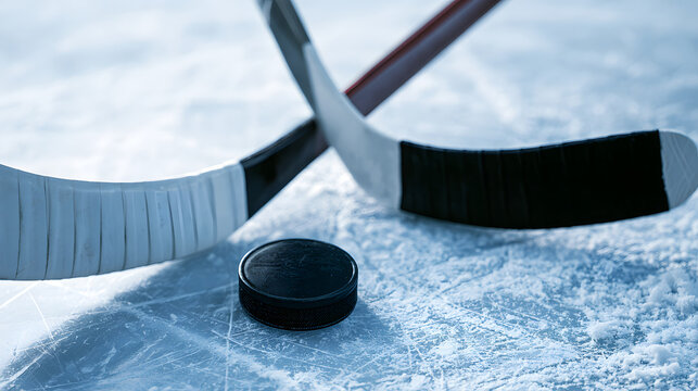 Two hockey sticks, one from each team, meet at a puck's location