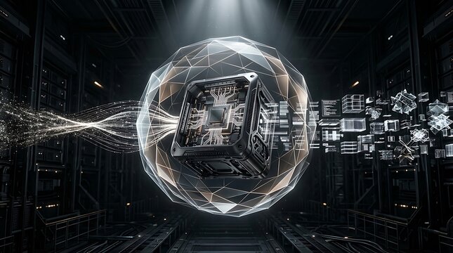 Abstract computer chip processor floating inside a glowing digital sphere with data stream lines and electronic circuit patterns in a dark technological background