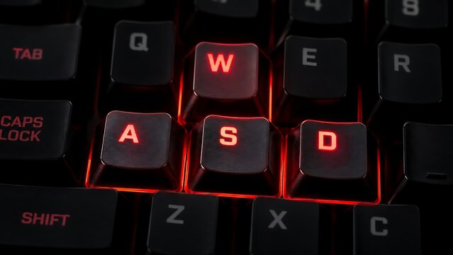 Close-up macro shot of glowing red WASD gaming keyboard keys highlighting gamer controls and hardware setup
