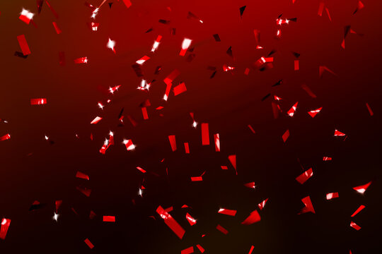 Festive red confetti in motion. Abstract 3D background for Christmas, New Year, holiday events, seasonal sales, greeting cards and celebration banners. Place for text, product and copy space.