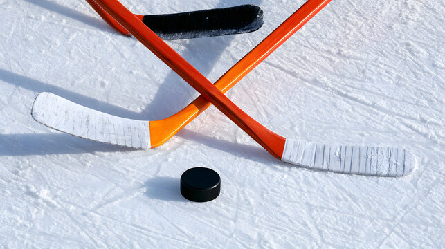 Two hockey sticks from different teams intersect with a puck