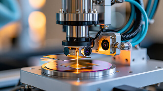 Optical wafer inspection system scanning silicon substrates with bright precision lighting and camera sensors, semiconductor quality control, automated inspection, chip