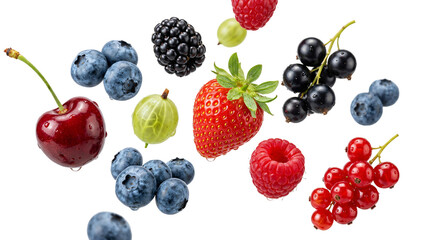 Vibrant assortment of fresh forest berries including strawberries, blueberries, cherries and currants captured in a dynamic composition on transparent background © Hosnibee