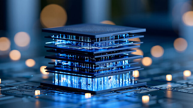 Exploded 3D visualization of multilayer semiconductor architecture with stacked chiplets and glowing circuit connections, advanced processor design, semiconductor packaging, AI