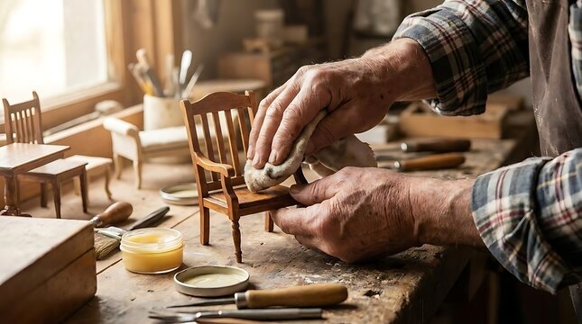 Craftsman hands building detailed miniature wooden chair at workbench.