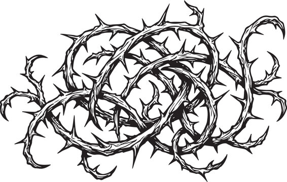 Intertwined thorny branches with sharp spikes, dark and edgy design.