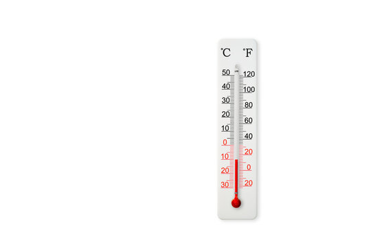 White celsius and fahrenheit scale thermometer isolated on white background. Ambient temperature minus 10 degrees celsius