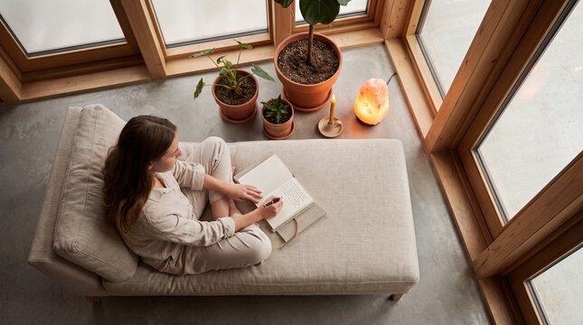 Young Woman Writing with Fountain Pen in Linen Bound Journal Curled Up on Linen