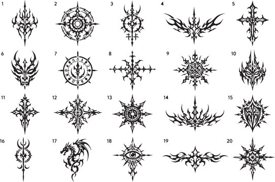 Tribal dark fantasy gothic symbols and occult sigils vector collection.